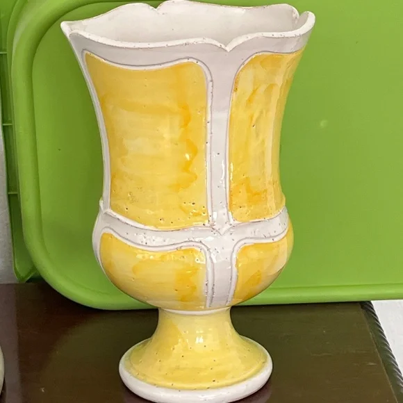 Mid Century Bitossi Era Italian Art Pottery Jardiniere Vase Yellow White Sticker